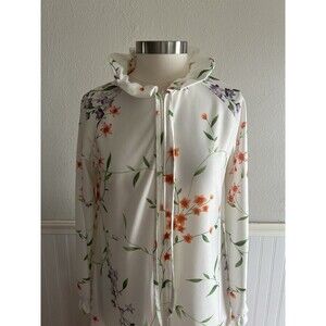 Vintage 60s 70s House Coat Robe Ruffle Neck White Orange Purple Floral Medium